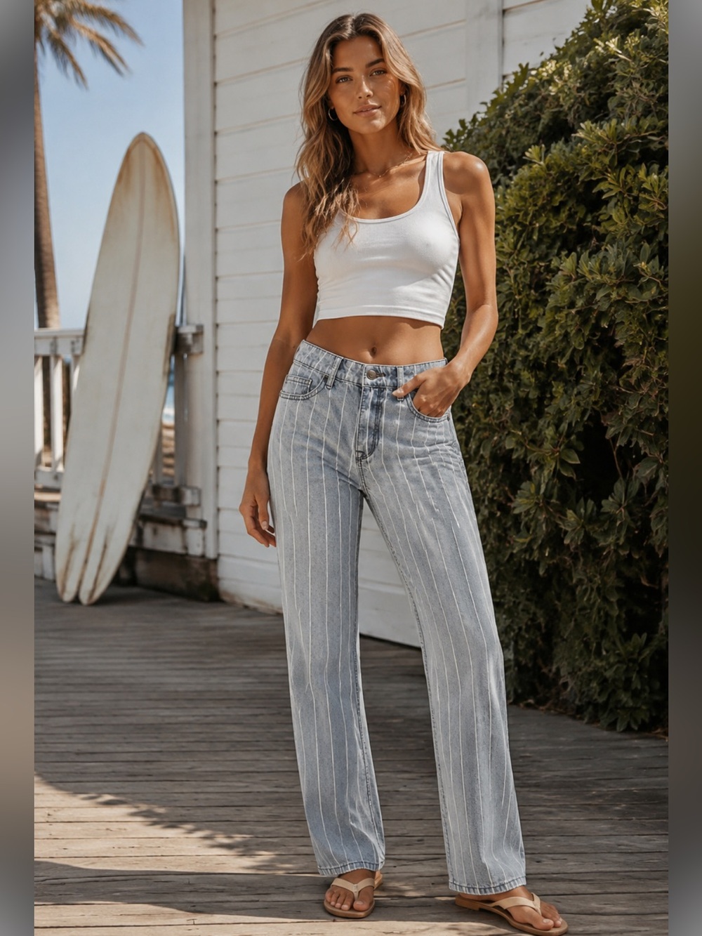 Roxy Relaxed Pinstripe Straight Wide Leg Jeans Size 25 Light Wash Y2K Surf